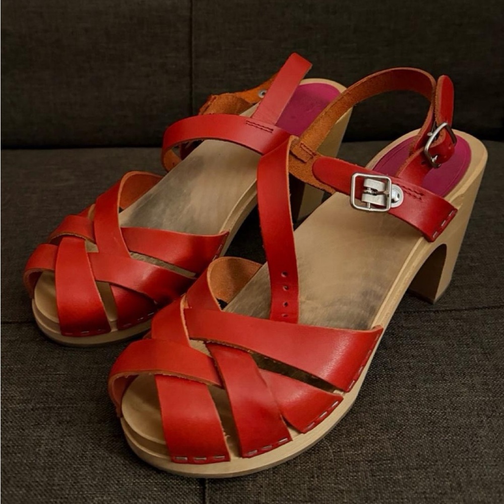 Swedish Hasbeens Red Leather Clogs
